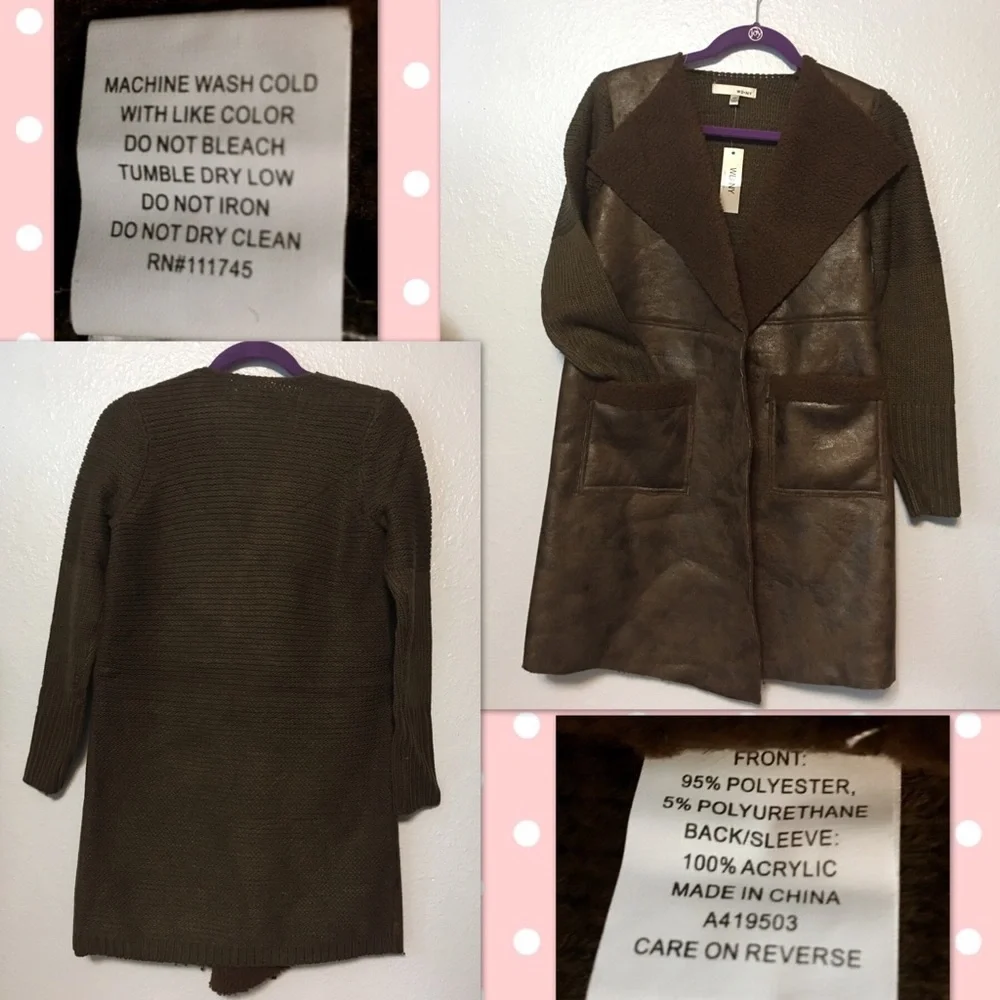 NWT Sweater Coat Pockets Faux Leather Sherpa Brown tones Sweater Back xs/sm